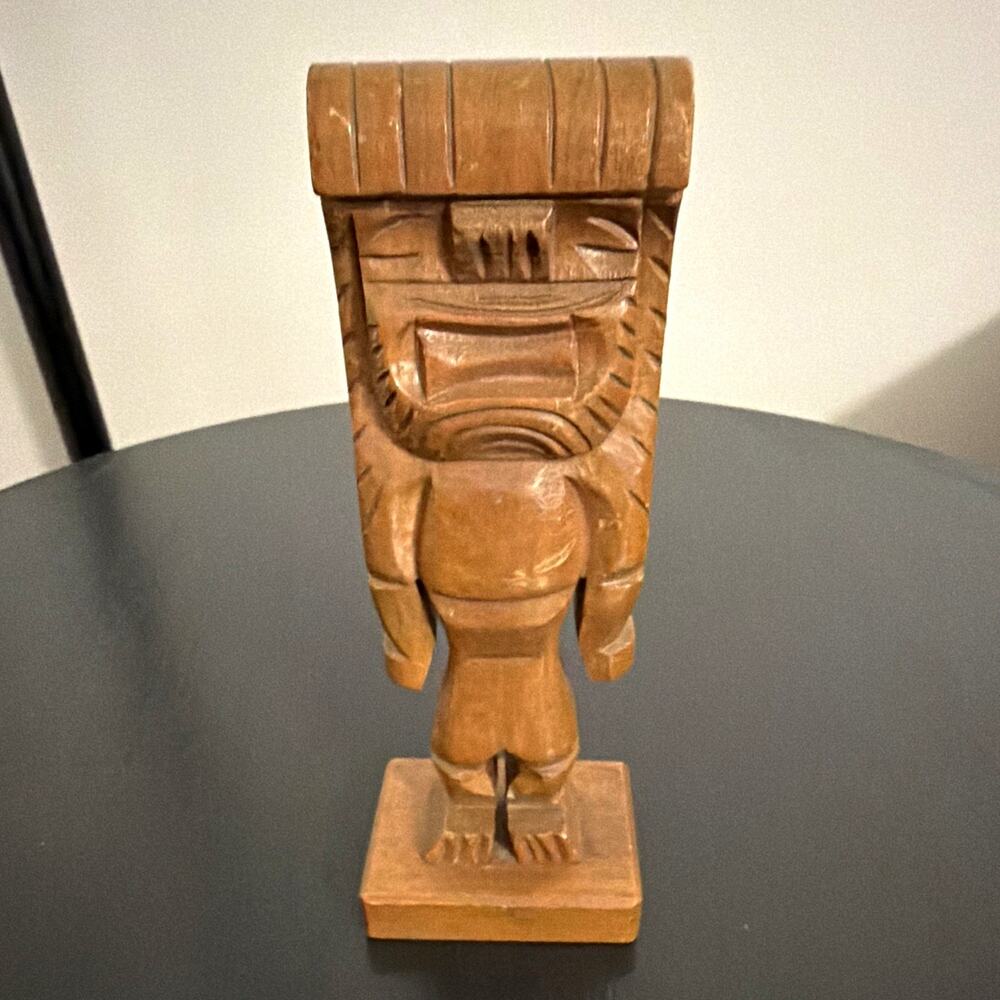 Hand Carved Wooden Tiki Statue Figurine on Base Brown 1 Pack 7.5”